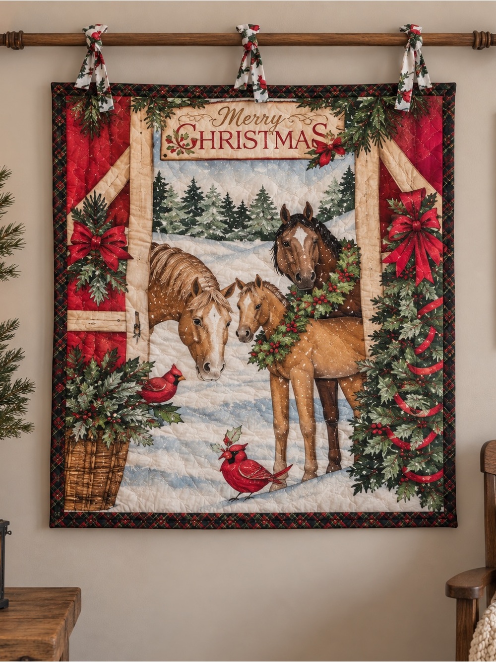 Susan Winget Christmas Horses Cardinal Wall Hanging Quilted Tapestry Blanket